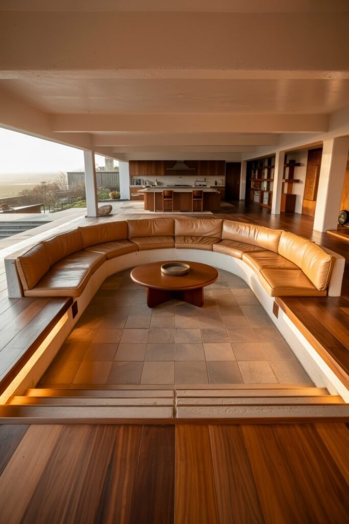 Sunken living room Magic: Cozy Tips for Instant Depth 7 Mid-century inspired sunken living room with tan leather built-in sofa, tiled floor area, and a round wooden table, opening into a modern kitchen with panoramic views.