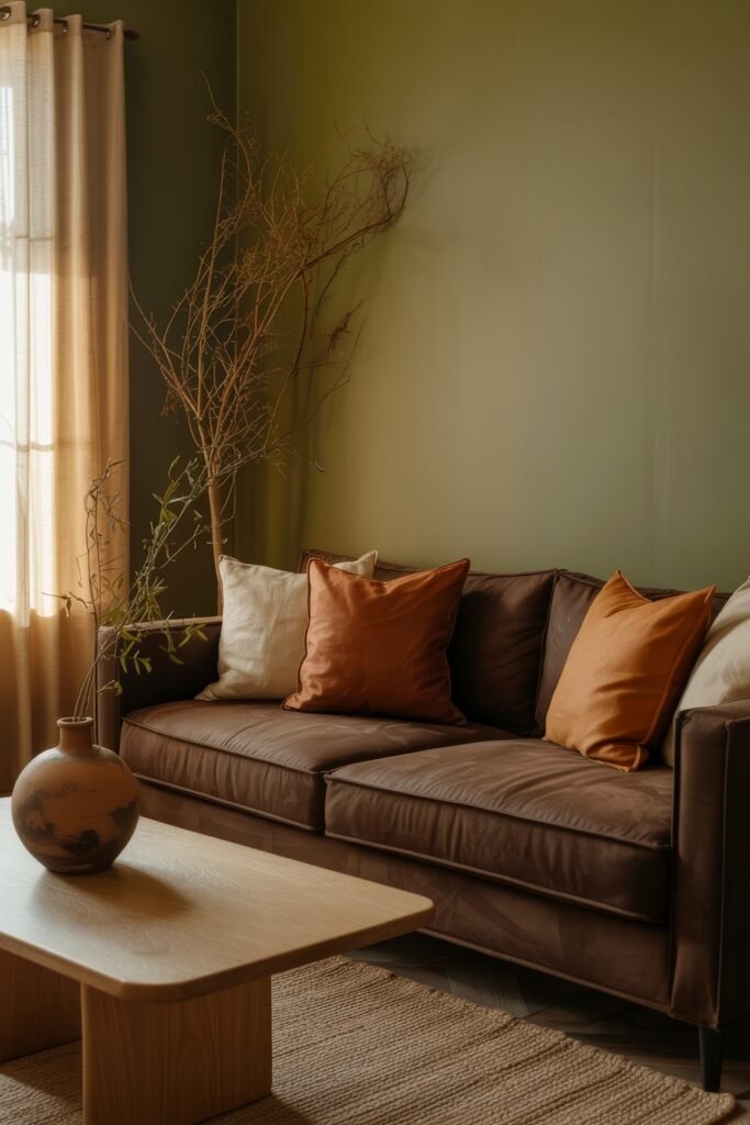 Brown Couch Living Room Ideas: Cozy and Chic Decor Inspiration 10 Earthy brown couch with burnt-orange and beige pillows against a green accent wall, paired with a rustic vase and natural light, capturing moody brown-themed living rooms.
