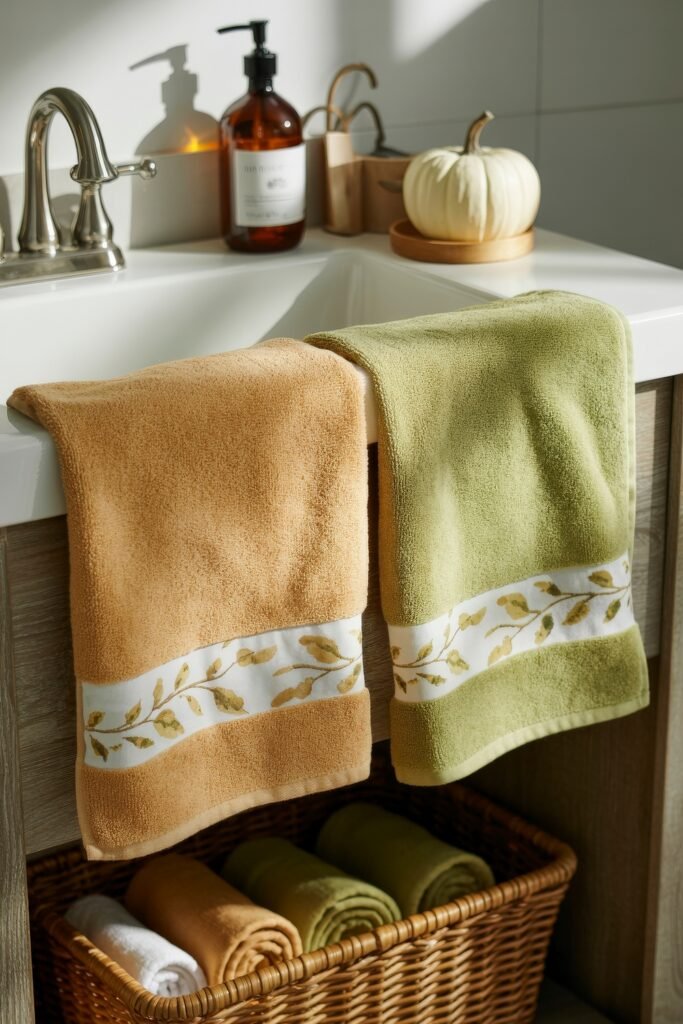 Fall Bathroom Decor: Cozy Upgrades for Instant Spa 10 Bathroom sink with green and golden-orange towels draped over the edge, each with a leaf-patterned trim, with a wicker basket of rolled towels and a white pumpkin in the background for a subtle fall bathroom decor touch.