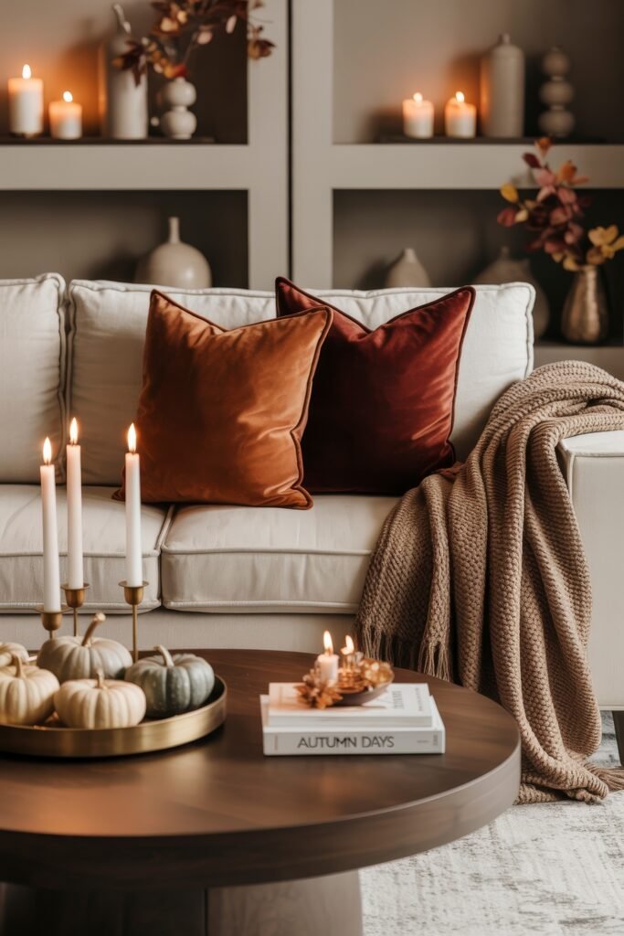Fall Living Room Decor: Brilliant Ways to Cozy Up 9 Elegant fall living room decor featuring a cream sofa with velvet orange and burgundy pillows, a coffee table with white and green pumpkins, taper candles, and seasonal books, all set against a backdrop of glowing candles on shelves.