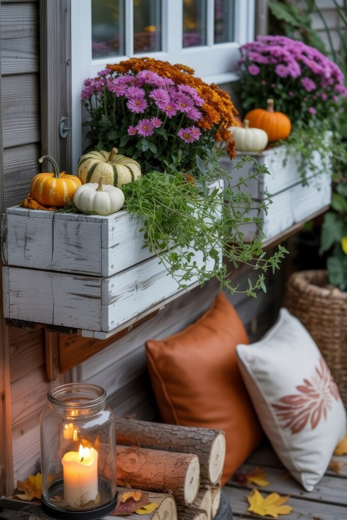 Fall Outdoor Decor: 12 Brilliant Touches for Tiny Porches 8 Rustic windowsill planter filled with colorful mums, miniature pumpkins, and greenery, complemented by cozy pillows, candles, and firewood for a warm fall atmosphere.