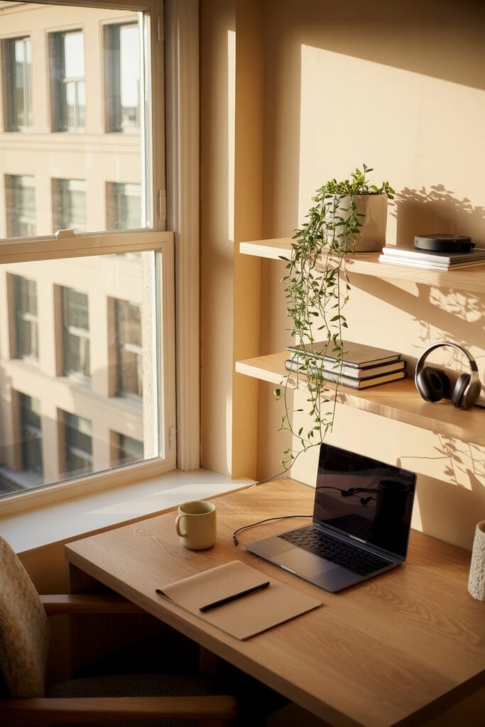 Living room office combo: Clever Ideas You’ll Love 7 Bright workspace by a large window, featuring a wooden desk with a laptop, notebook, coffee mug, and floating shelves adorned with greenery and books.