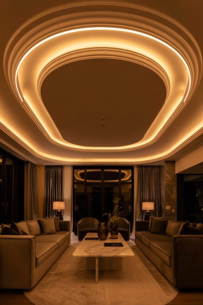 Luxury Ceiling Design in Living Rooms 8 Glamorous night-time view of a luxury living room with a dramatic oval recessed ceiling, matching ambient ceiling reflection, two plush sofas, marble coffee table, and floor-to-ceiling windows framed by curtains.