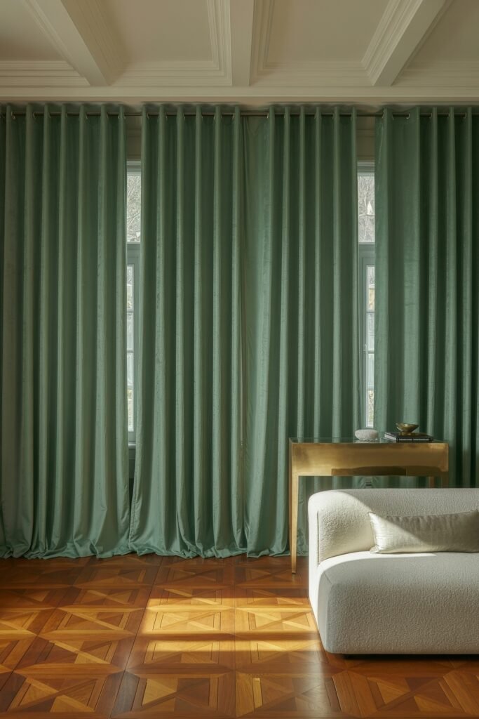 Luxury Curtains Living Room: Luxurious Curtains & Window Treatments 9 Bright and tranquil room with full-length mint green curtains covering narrow windows, a sleek gold console table, and a cream textured sofa on geometric wood flooring.