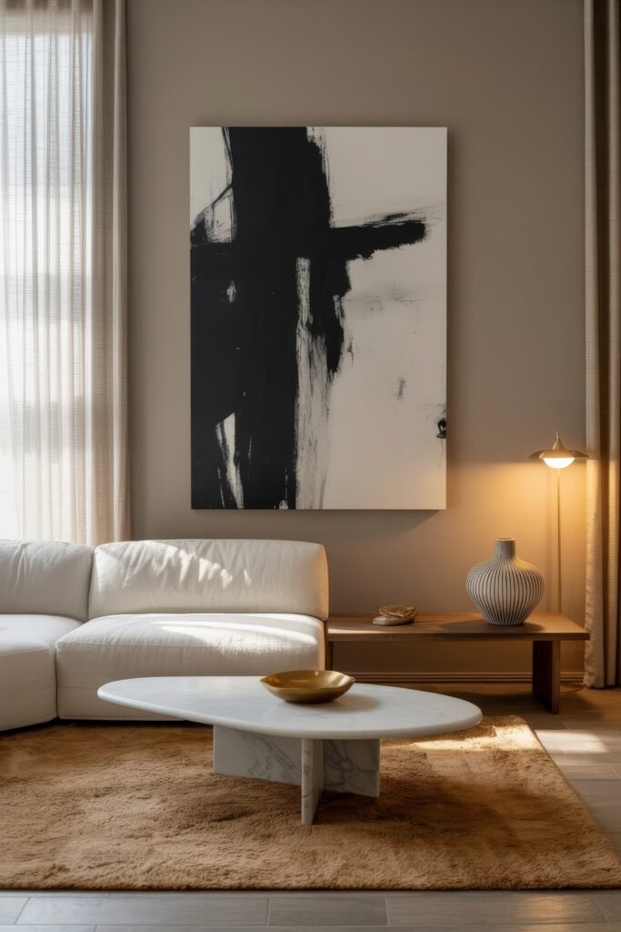 Modern Luxury Living Room: Designing a Sleek Luxe Lounge 10 Contemporary luxury living room with a white sectional, bold black-and-white abstract art, oval marble coffee table and soft caramel rug illuminated by a slender floor lamp