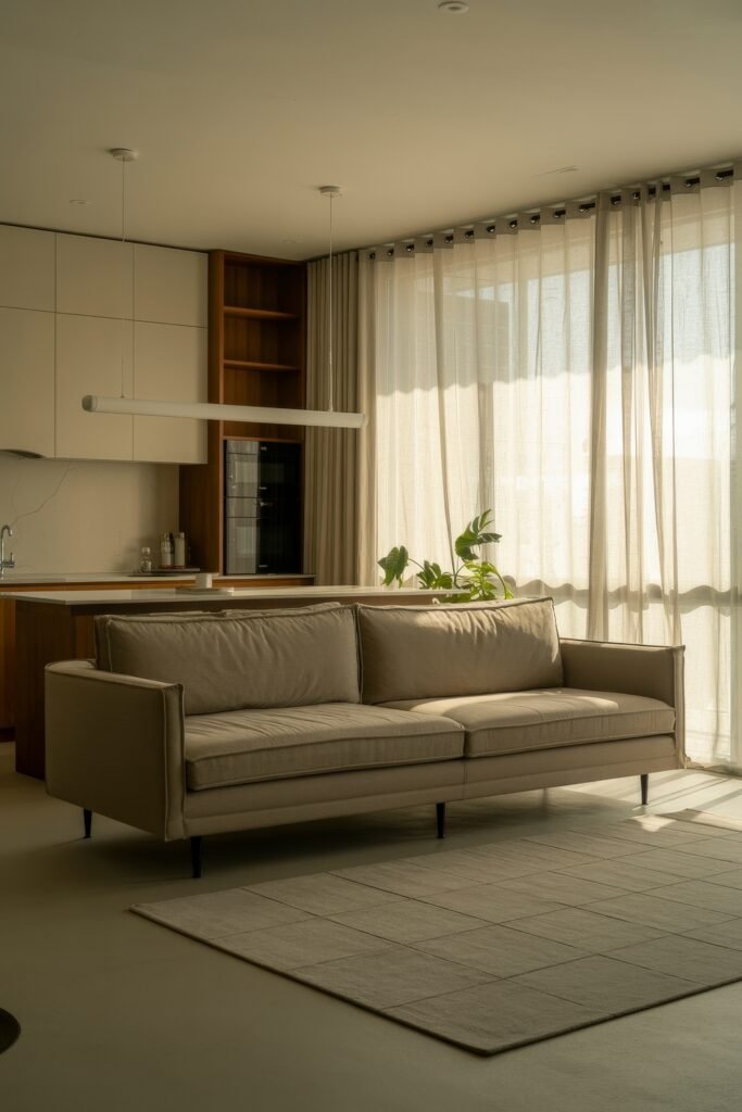 Open kitchen and living room: Smart Tips for Seamless Flow 6 Stylish neutral-toned living room with a beige sofa, sheer curtains, and a sleek open kitchen featuring wood and white cabinetry in a minimalist layout.