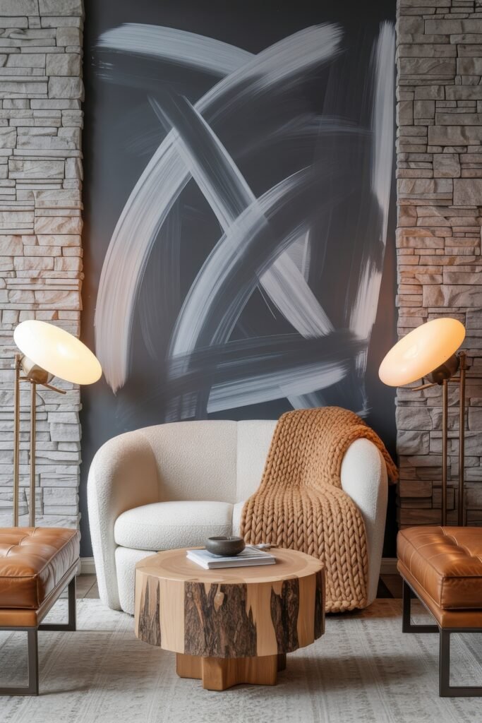 Rustic Luxury Living Room: Warm and Unique Living Area Themes 9 Bold rustic luxury living room with a white boucle sofa, raw-edged wooden coffee table, stone accent walls, abstract black-and-white mural, and leather seating.