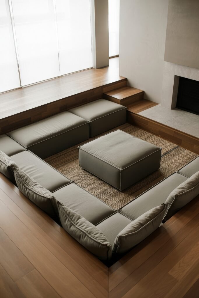 Sunken living room Magic: Cozy Tips for Instant Depth 8 Minimalist sunken seating arrangement in soft gray with a matching central ottoman, surrounded by light wood flooring and steps leading to a bright, airy space with a fireplace.