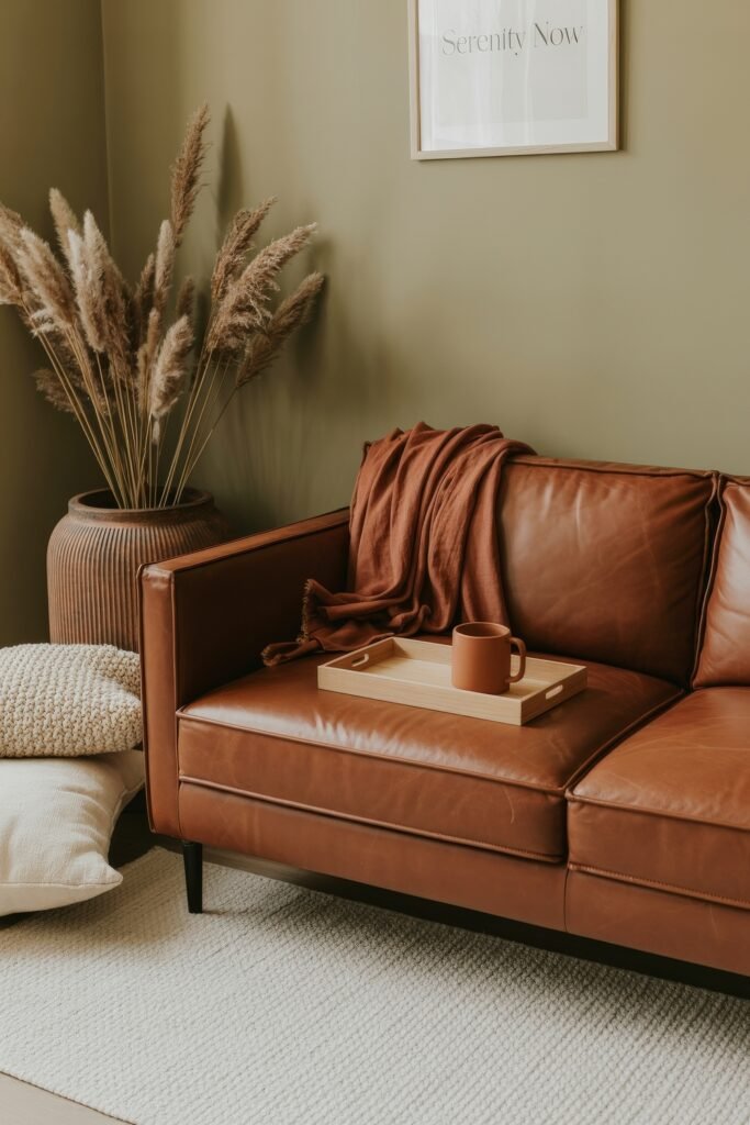 Brown Couch Living Room Ideas: Cozy and Chic Decor Inspiration 11 Minimalist brown leather couch styled with a rust throw, wood tray, and terracotta mug, beside pampas grass and textured pillows for a tranquil brown-themed living room.