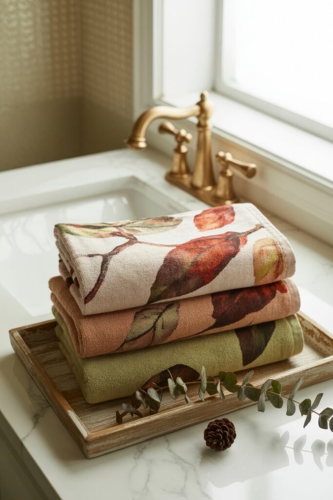 Fall Bathroom Decor: Cozy Upgrades for Instant Spa 11 Stack of folded towels in soft autumn shades with leaf prints, arranged on a rustic wooden tray beside a pinecone and eucalyptus sprig on a marble bathroom counter, capturing subtle fall bathroom decor.