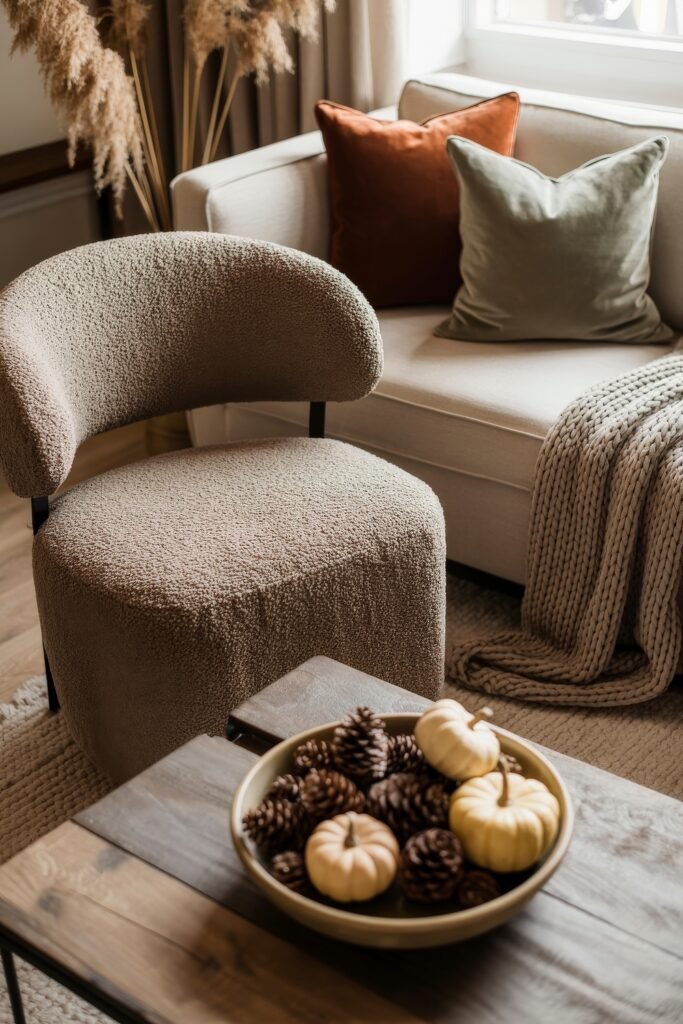Fall Living Room Decor: Brilliant Ways to Cozy Up 10 A cozy and modern fall corner with a boucle accent chair, neutral couch with velvet pillows, soft throw, and a rustic wooden table holding a bowl filled with mini pumpkins and pinecones.