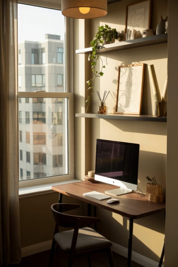 Living room office combo: Clever Ideas You’ll Love 8 Compact home office corner with a desktop computer, wooden desk, and open shelving styled with art, plants, and office essentials beside a tall window.