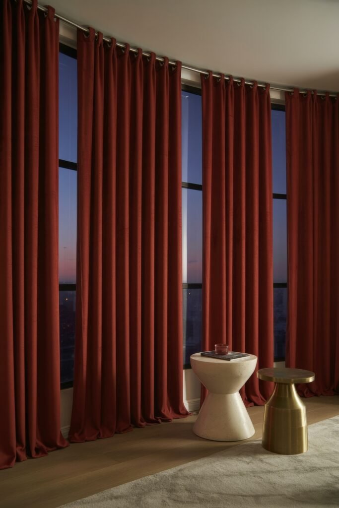 Luxury Curtains Living Room: Luxurious Curtains & Window Treatments 10 Stylish modern room at dusk with floor-to-ceiling red curtains along a curved window wall, flanked by sculptural white and brass accent tables on a beige rug.