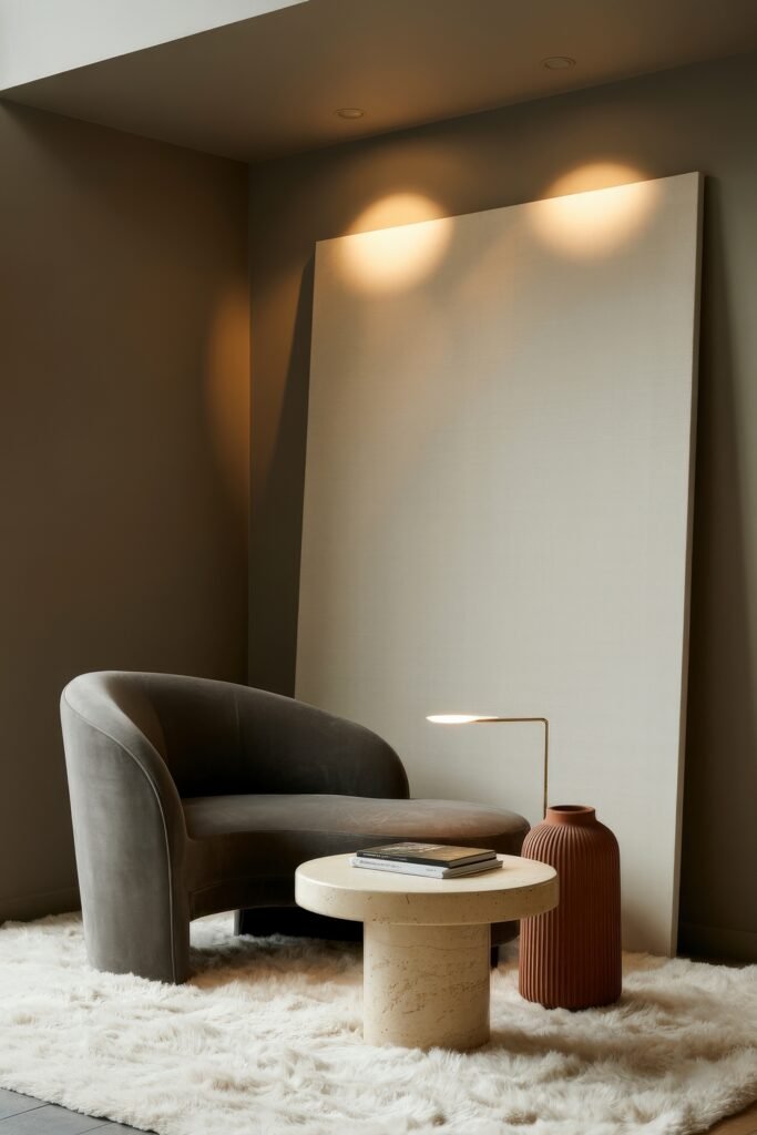 Modern Luxury Living Room: Designing a Sleek Luxe Lounge 11 Cozy nook in a modern luxury living room with a curved charcoal velvet chair, travertine pedestal coffee table, slim brass lamp and terracotta vase on a white shag rug beneath a spotlighted blank canvas