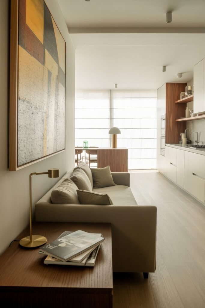 Open kitchen and living room: Smart Tips for Seamless Flow 7 Narrow open-plan space with a beige sofa beside a wood-toned kitchen, accented by a modern table lamp, abstract wall art, and soft natural light from floor-to-ceiling windows.
