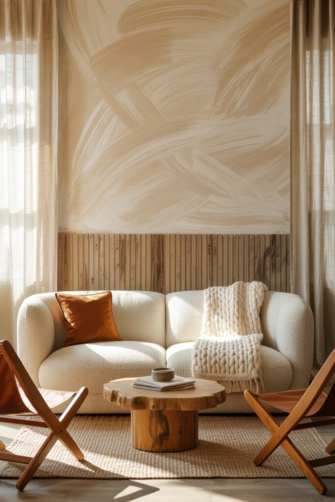 Rustic Luxury Living Room: Warm and Unique Living Area Themes 10 Sun-drenched rustic luxury living room with a white boucle sofa, orange accent pillow, knit throw, natural wood coffee table, and light abstract wall pattern behind.