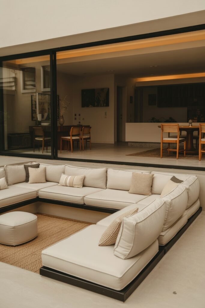Sunken living room Magic: Cozy Tips for Instant Depth 9 Neutral-toned sunken living room layout with cream cushioned modular seating, textured throw pillows, and an ottoman on a woven rug, adjoining an indoor dining area via glass doors.