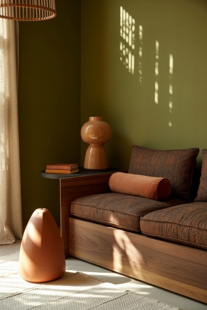Brown Couch Living Room Ideas: Cozy and Chic Decor Inspiration 12 Cozy nook with a dark brown upholstered couch and orange accent pillow, paired with earthy ceramics and moody green walls under soft, dappled sunlight.