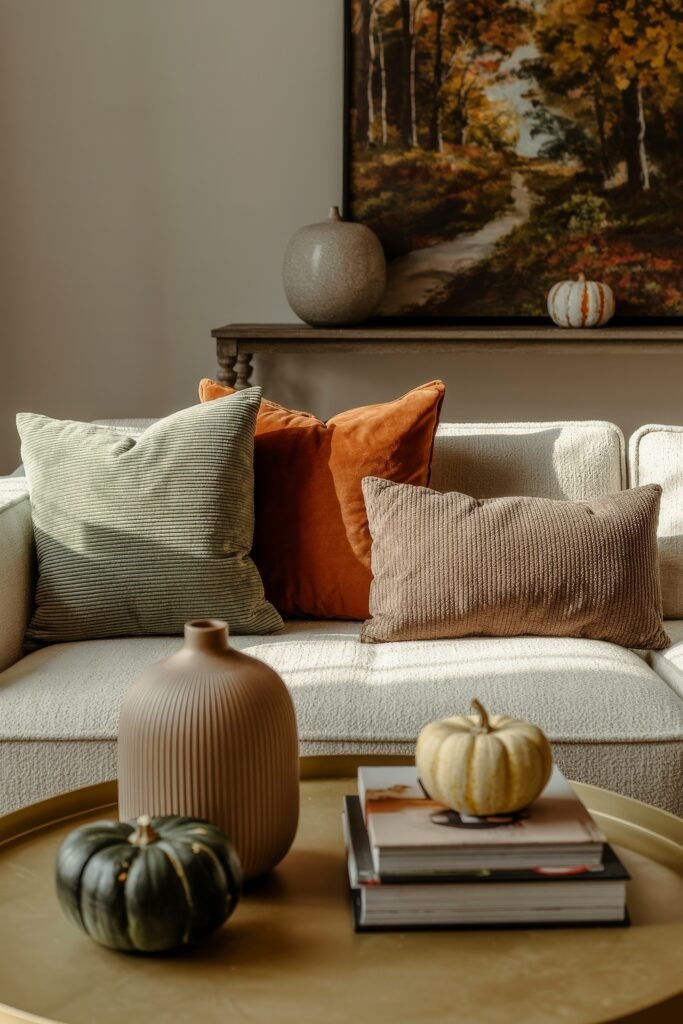 Fall Living Room Decor: Brilliant Ways to Cozy Up 11 Soft and cozy fall living room decor with sage, rust, and taupe pillows on a cream sofa, a round coffee table styled with pumpkins and books, and a landscape painting adding seasonal warmth in the background.