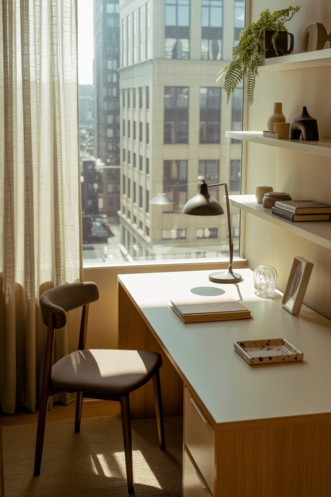 Living room office combo: Clever Ideas You’ll Love 9 Modern desk area with a white surface and wood finish, paired with a sleek chair, floating shelves, and a city view through a large window with sheer curtains.