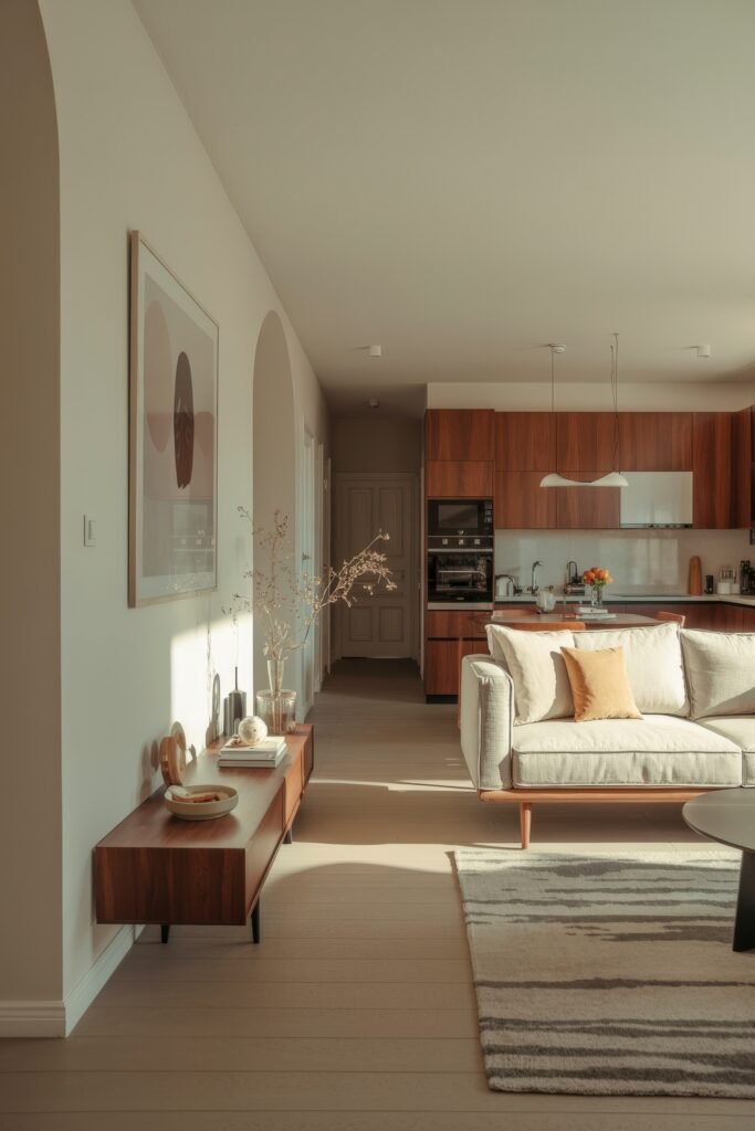 Open kitchen and living room: Smart Tips for Seamless Flow 8 Scandinavian-inspired living room with a cream sofa and mustard cushion, open to a kitchen with warm wood cabinets and a light, airy ambiance.