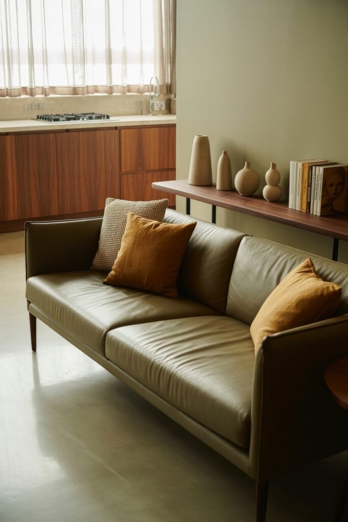 Open kitchen and living room: Smart Tips for Seamless Flow 9 Bright open kitchen and living room with ocean views, featuring a light sectional sofa, large island with bar stools, and a natural woven rug complementing the beachside feel.