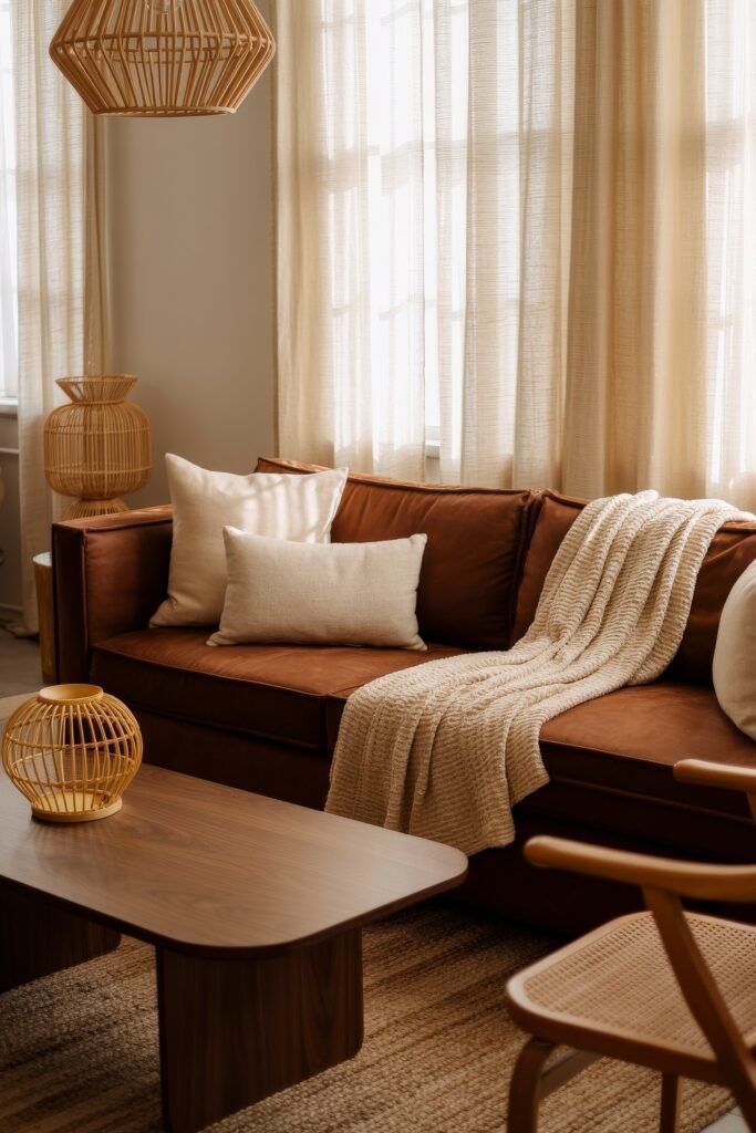 Brown Couch Living Room Ideas: Cozy and Chic Decor Inspiration 13 Warm and inviting brown couch with cream pillows and a knit throw, surrounded by rattan accents and soft neutral drapes in a natural-toned living room.