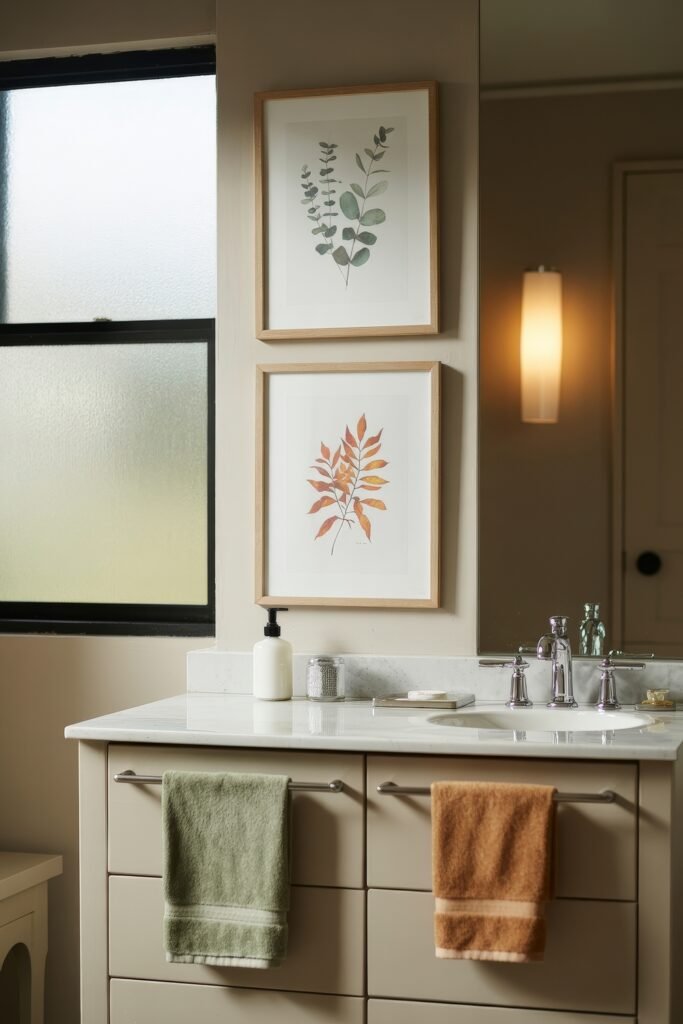 Fall Bathroom Decor: Cozy Upgrades for Instant Spa 12 Neutral-toned bathroom vanity with green and rust hand towels, minimalist decor, and framed botanical prints of green and orange leaves on the wall, adding a light seasonal touch to fall decor.