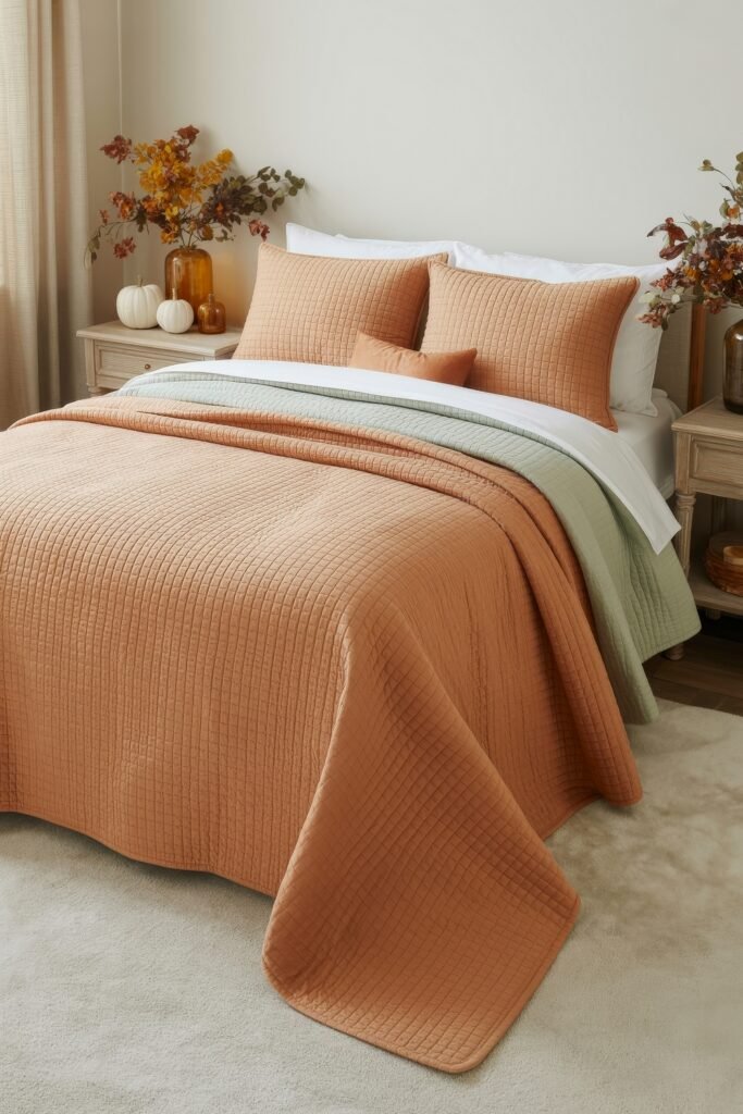 Fall Bedroom Decor: Cozy Ideas You’ll Love 12 Fall bedroom decor with a quilted orange bedspread, sage green underlayer, white sheets, and decorative pumpkins and amber vases on matching nightstands.