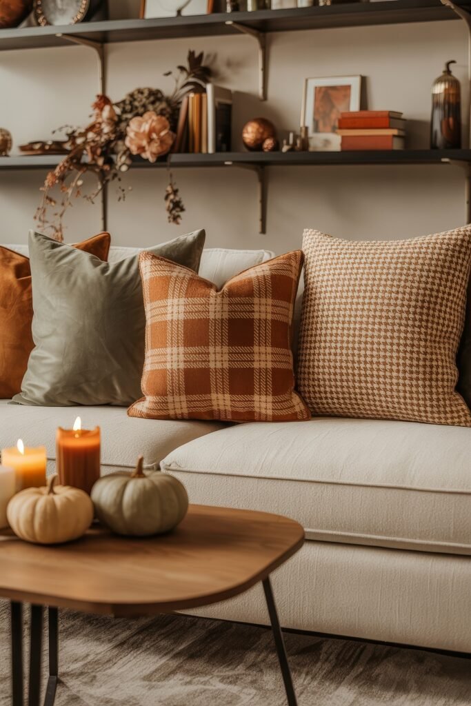 Fall Living Room Decor: Brilliant Ways to Cozy Up 12 Inviting fall living room with a neutral couch decorated with plaid and houndstooth pillows, a wood coffee table holding pumpkins and candles, and open shelves styled with autumnal accents and dried florals.