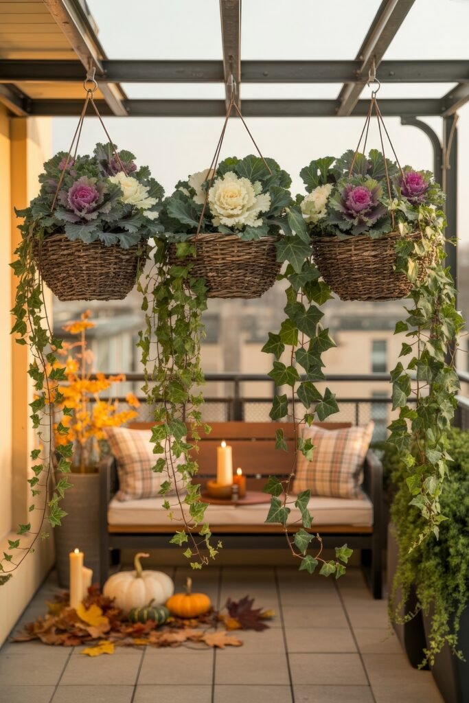 Fall Outdoor Decor: 12 Brilliant Touches for Tiny Porches 10 Rooftop patio decorated with hanging baskets of ornamental cabbage and ivy, candles, plaid cushions, and pumpkins scattered among autumn leaves for a serene fall retreat.