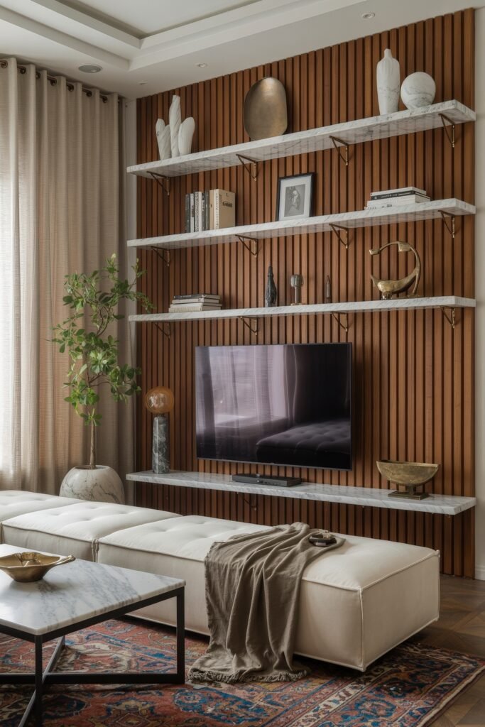 Living Room TV Wall Luxury: Sleek Ideas for a Stylish Setup 12 Cozy living room with a TV mounted among marble shelves on a rich wooden slat wall, surrounded by sculptural decor, books, a leafy potted plant, and a tufted white bench atop a patterned rug.