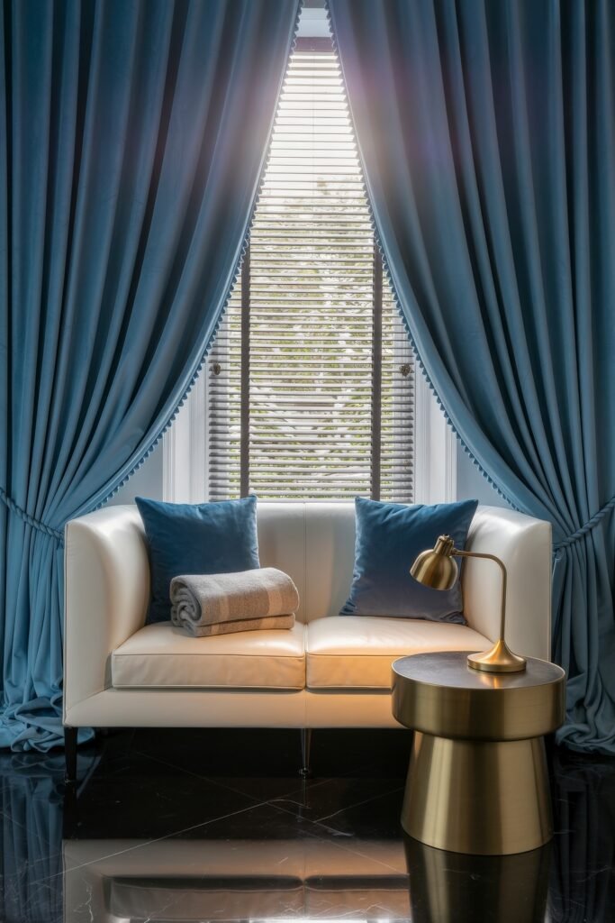 Luxury Curtains Living Room: Luxurious Curtains & Window Treatments 11 Stylish sitting area with soft blue velvet curtains framing a window with black blinds, a cream loveseat with blue pillows and a folded blanket, and a gold side table with a matching reading lamp on black marble flooring.
