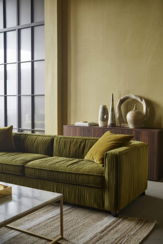 Luxury Sofa Living Room: Furniture for a Luxury Lounge 11 Sophisticated living room with an olive green textured sofa, golden cushions, a marble coffee table, and sculptural ceramic decor against warm olive walls and large industrial windows.