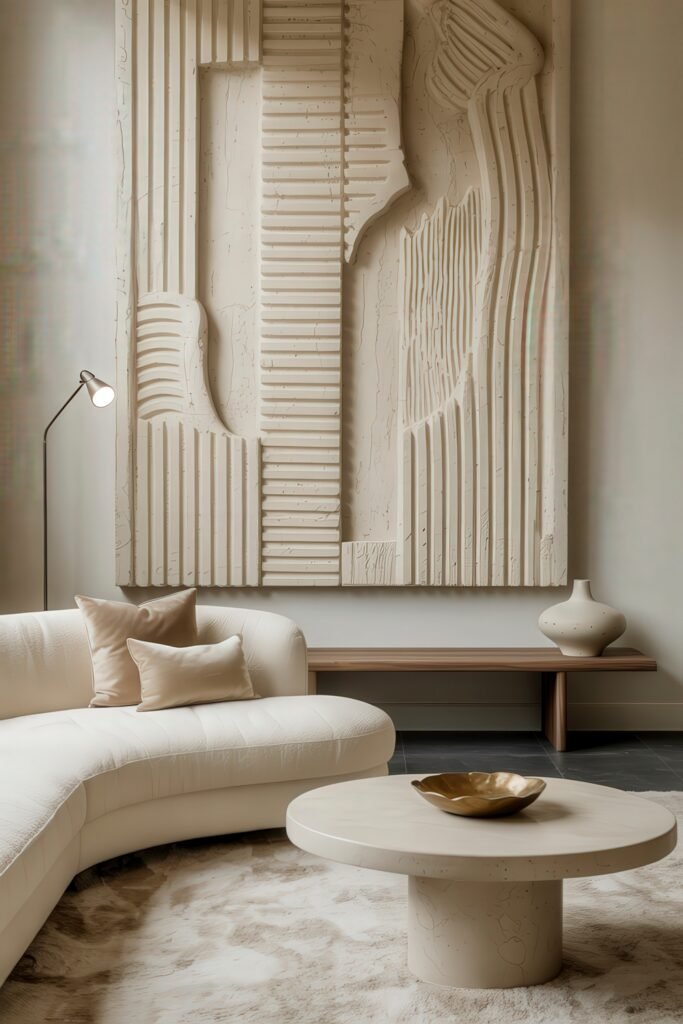 Modern Luxury Living Room: Designing a Sleek Luxe Lounge 13 Sculptural ribbon wall art glows above a tan curved sofa, wood cube table and plush round rug in a serene luxury living room