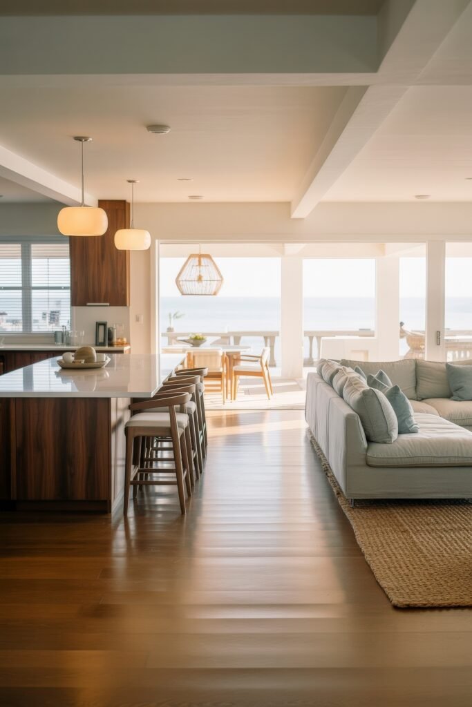Open kitchen and living room: Smart Tips for Seamless Flow 10 Intimate living room with a sleek olive leather sofa and warm-toned cushions, adjacent to a kitchen with wood cabinetry and minimal ceramics on a wall shelf.