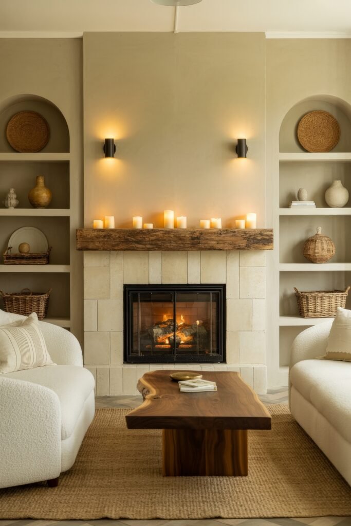 Rustic Luxury Living Room: Warm and Unique Living Area Themes 11 Inviting rustic luxury living room with twin white boucle sofas, a glowing fireplace beneath a weathered wood mantel lined with candles, and a live-edge coffee table atop a woven rug.