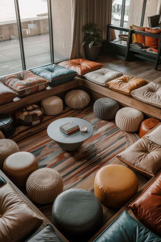 Sunken living room Magic: Cozy Tips for Instant Depth 10 Eclectic sunken seating area filled with colorful tufted cushions and round poufs surrounding a modern blue table on a striped rug, with floor-to-ceiling windows and cozy textures throughout.