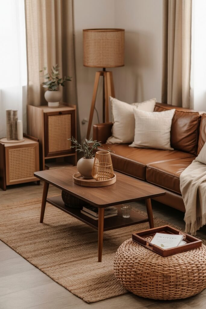 Brown Couch Living Room Ideas: Cozy and Chic Decor Inspiration 14 Mid-century brown leather couch with neutral cushions and a soft throw, framed by cane furniture, a potted plant, and wood tones in a refined brown-themed setup.