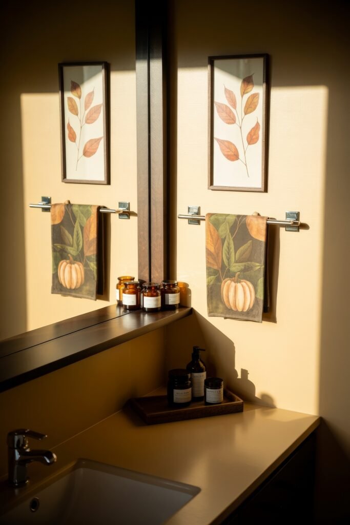 Fall Bathroom Decor: Cozy Upgrades for Instant Spa 13 Twin mirrors reflecting matching towel bars with dark hand towels featuring painted pumpkins and foliage, framed fall leaf prints above, and amber jars along the bathroom ledge, showcasing a symmetrical fall bathroom decor setup.