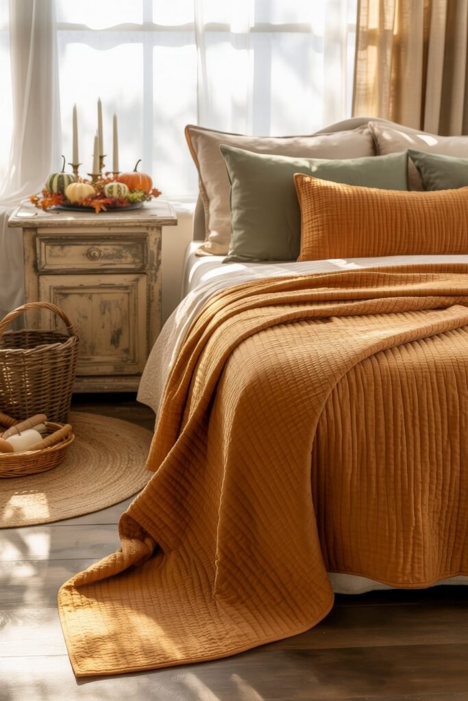 Fall Bedroom Decor: Cozy Ideas You’ll Love 13 Sunlit autumn bedroom with a quilted ochre blanket, green pillows, and a vintage nightstand decorated with pumpkins, candles, and fall leaves near sheer white curtains.