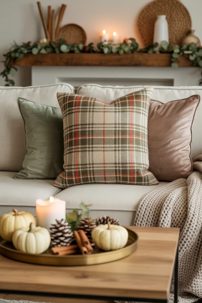 Fall Living Room Decor: Brilliant Ways to Cozy Up 13 Light and comfortable fall-themed living room with a plaid pillow centerpiece on a cream sofa, surrounded by sage and blush pillows, and a rustic tray of pumpkins, pinecones, and cinnamon on a wood coffee table.
