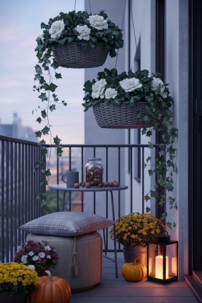 Fall Outdoor Decor: 12 Brilliant Touches for Tiny Porches 11 Intimate balcony at dusk with hanging baskets of white ornamental cabbage, trailing ivy, pumpkins, cozy cushions, and a glowing lantern creating elegant fall outdoor decor.