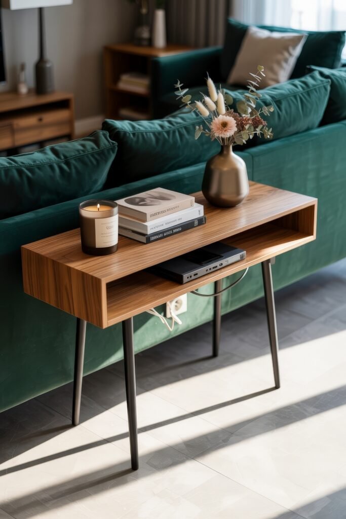 Living room office combo: Clever Ideas You’ll Love 11 Modern console table positioned behind a green velvet sofa, styled with a lit candle, stacked books, and a matte vase with dried flowers, contributing to a cozy living room layout.