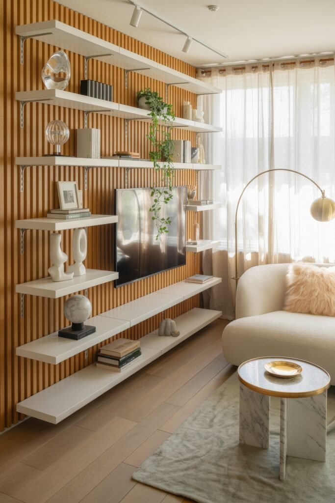 Living Room TV Wall Luxury: Sleek Ideas for a Stylish Setup 13 Bright, airy living room with a wall-mounted TV set into white floating shelves on a light wood slat wall, styled with modern decor, hanging greenery, a boucle armchair, and a marble side table.