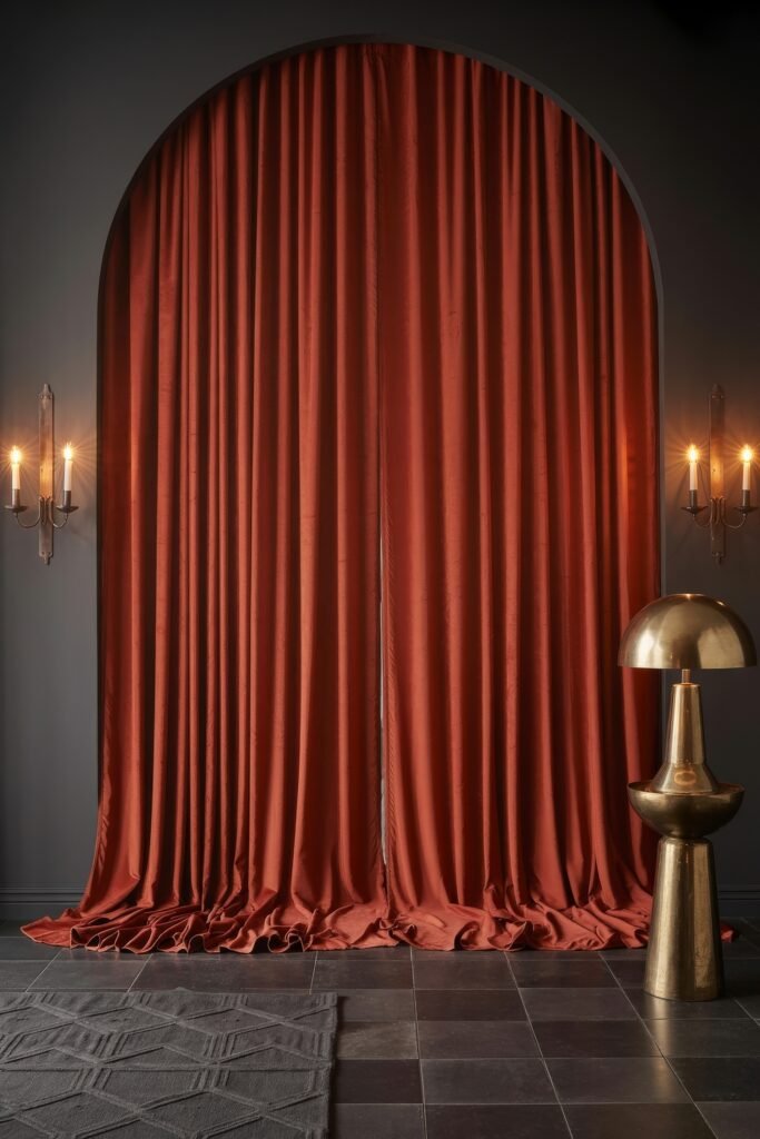Luxury Curtains Living Room: Luxurious Curtains & Window Treatments 12 Dramatic interior showcasing rust-red drapes within an arched alcove, illuminated by wall sconces and a sculptural brass floor lamp on dark stone tiles.