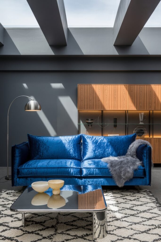 Luxury Sofa Living Room: Furniture for a Luxury Lounge 12 Modern loft space featuring a bold royal blue velvet sofa under skylights, paired with a plush rug, chrome coffee table, and a fur throw for a luxury sofa living room feel.