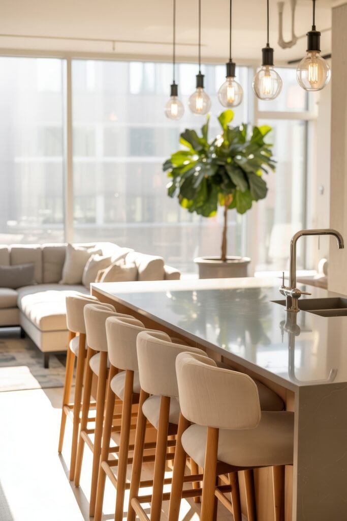 Open kitchen and living room: Smart Tips for Seamless Flow 11 Bright open kitchen and living room with a glossy island and six cushioned stools, featuring industrial-style pendant bulbs and a large sectional sofa near a fiddle-leaf fig tree.