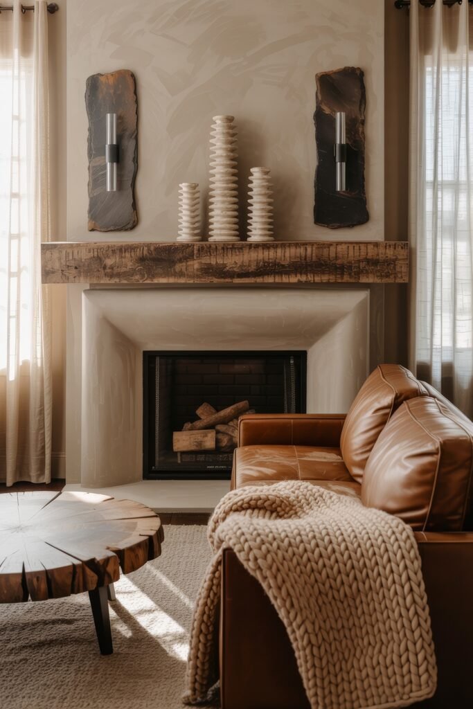 Rustic Luxury Living Room: Warm and Unique Living Area Themes 12 Warm-toned space featuring a caramel leather sofa with a chunky knit throw, textured accent wall, sculptural vases on a distressed wood mantel, and a round wood-slab coffee table.