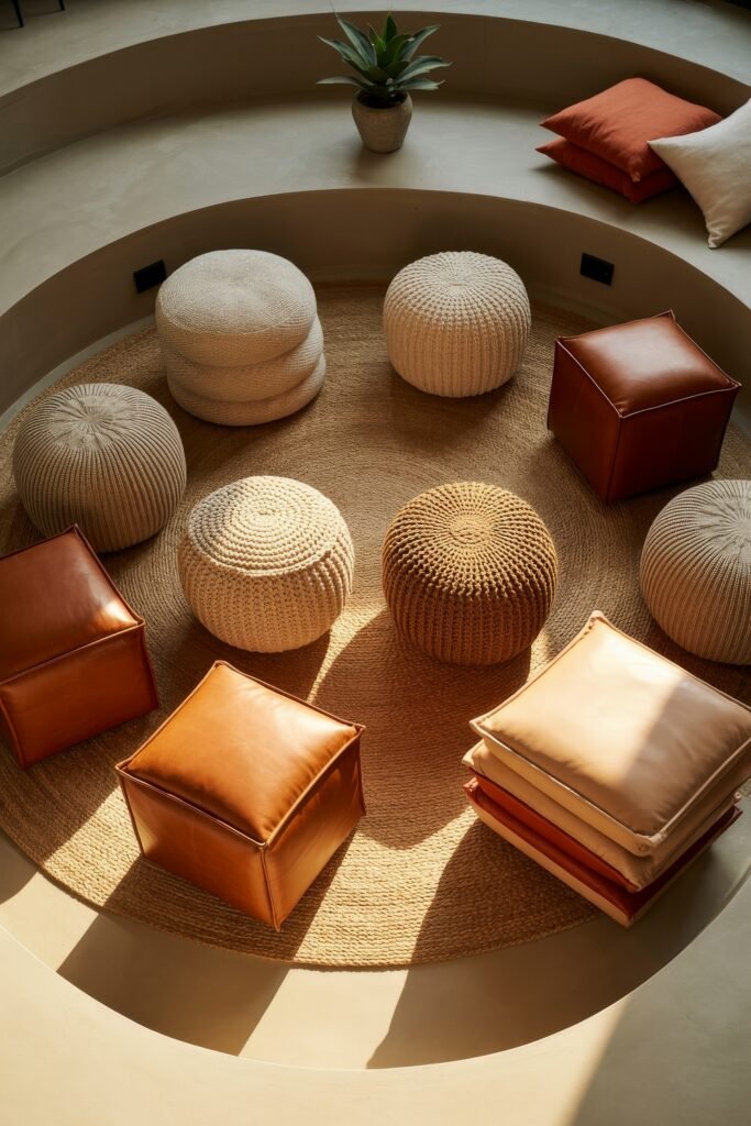 Sunken living room Magic: Cozy Tips for Instant Depth 11 Sunken circular seating area featuring an assortment of round knitted poufs and cube-shaped leather ottomans on a woven rug, with soft pillows and a potted plant placed on the curved ledge.